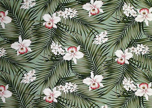 Fern Sage Tropical Botanical Vintage Hawaiian Fabric -  orchid & plumeria flowers, cotton barkcloth upholstery fabric.
