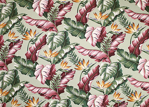 Halekoa Black  -  Tropical Botanical Vintage Hawaiian Fabric -  Banana Leaves and Bird of Paradise Flowers on cotton nubby textured upholstery bark cloth fabric.