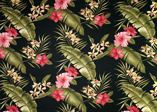 Hamakua Black Tropical Botanical Vintage Hawaiian Fabric -  upholstery, hibiscus & ginger cotton Hawaiian vintage style bark cloth fabric.