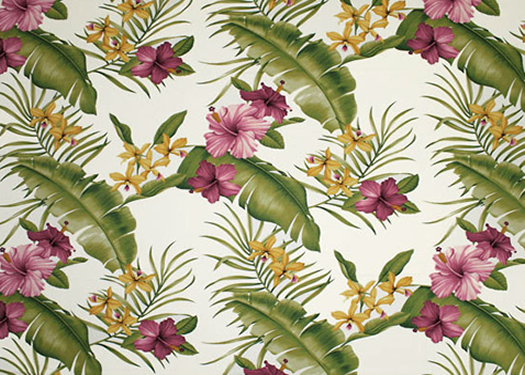 Hamakua White Tropical Botanical Vintage Hawaiian Fabric -  upholstery, hibiscus & ginger cotton Hawaiian vintage style bark cloth fabric.