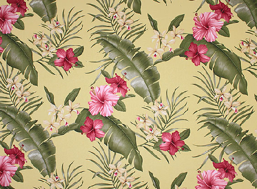 Hamakua Maize Tropical Botanical Vintage Hawaiian Fabric -  upholstery, hibiscus & ginger cotton Hawaiian vintage style bark cloth fabric.