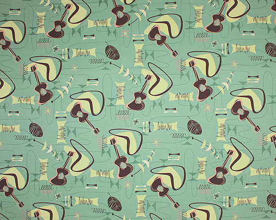 Jetson Sage Tropical Hawaiian Fabric. Atomic, Mid-Century modern, abstract boomerang, fifties, 50's, ukulele pattern on a nubby bark cloth upholstery fabric.