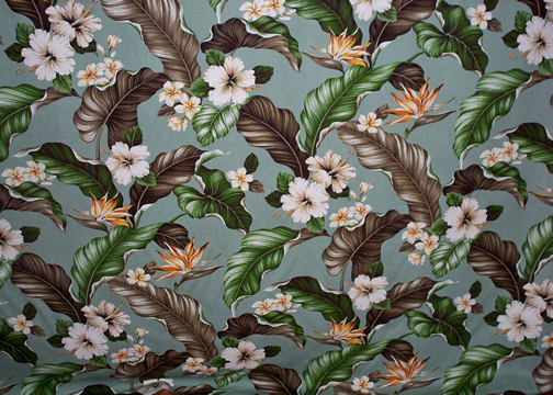 Kahua Sage Bark Cloth Upholstery & drapery fabric, Bird of Paradise, Hibiscus, Plumeria, Cotton Hawaiian vintage style fabric.