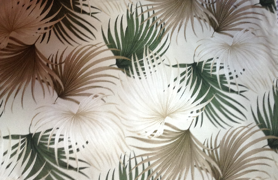 Kailua Tan Tropical Hawaiian Palm Ferns pattern on indoor/outdoor fabric.