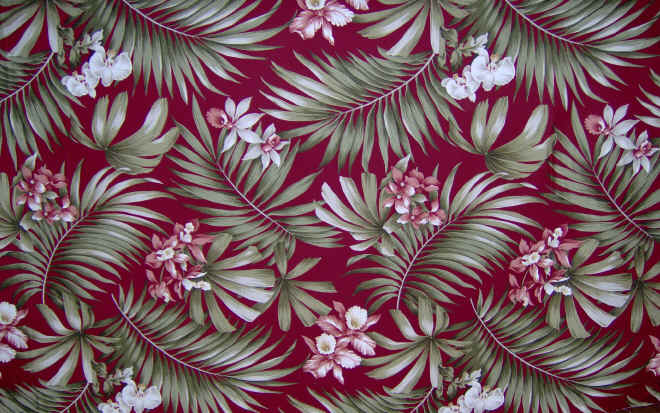 Kua ana Red Tropical Botanical Vintage Hawaiian Fabric orchid flowers, cotton bark cloth upholstery fabric.