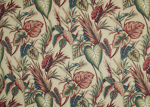 Makaii Taupe Tropical Cuban, Caribbean, Hawaiian leafy vintage nubby upholstery style cotton barkcloth fabric.