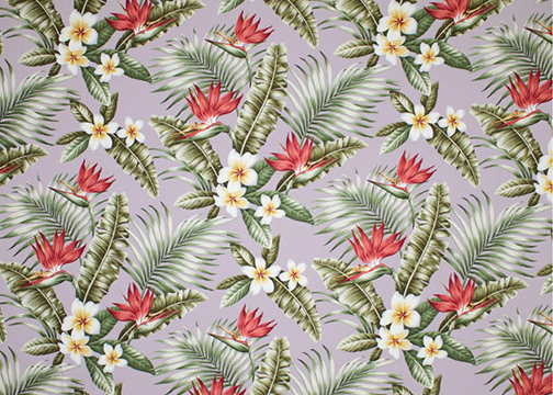 Maunawili Mauve Tropical Botanical Vintage Hawaiian Fabric Hawaiian Tropical Botanical Vintage Hawaiian Fabric Hawaiian Vintage Bird Of Paradise with Plumeria Flowers on upholstery or drapery fabric.