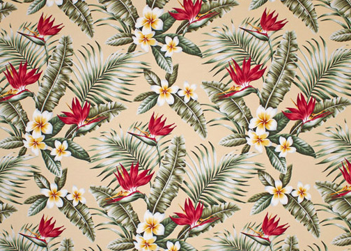 Maunawili Natural Tropical Botanical Vintage Hawaiian Fabric Hawaiian Tropical Botanical Vintage Hawaiian Fabric Hawaiian Vintage Bird Of Paradise with Plumeria Flowers on upholstery or drapery fabric.