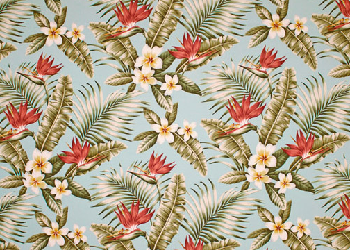 Maunawili Sky Tropical Botanical Vintage Hawaiian Fabric Hawaiian Tropical Botanical Vintage Hawaiian Fabric Hawaiian Vintage Bird Of Paradise with Plumeria Flowers on upholstery or drapery fabric.