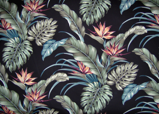 Mohala Black Tropical Botanical Vintage Hawaiian Fabric leafy, bird of paradise bark cloth upholstery fabric.