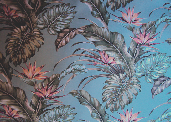 Mohala Sage Tropical Botanical Vintage Hawaiian Fabric leafy, bird of paradise bark cloth upholstery fabric.