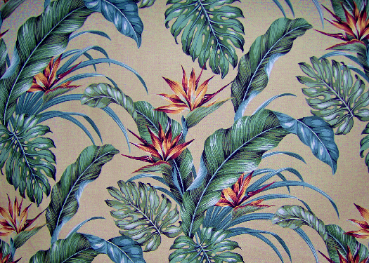 Mohala Taupe Tropical Botanical Vintage Hawaiian Fabric leafy, bird of paradise bark cloth upholstery fabric.
