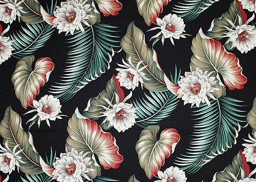 10Night Blooming Tropical Hawaiian Night Blooming flowers - black cotton non-upholstery barkcloth fabric.