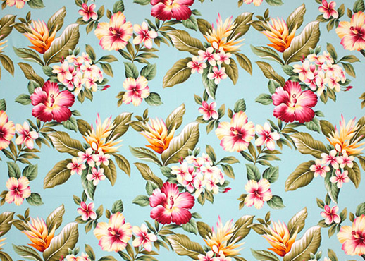 Olelo Aqua - a Tropical Botanical Vintage style Hawaiian Fabric with Hibiscus, plumeria, ginger, and leaves. A floral print on a cotton upholstery barkcloth..