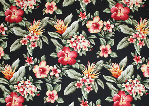 Hiwahiwa Black Tropical Botanical Vintage Hawaiian Fabric -  hibiscus, plumeria (frangipani), torch ginger and leaves on a cotton fabric.
