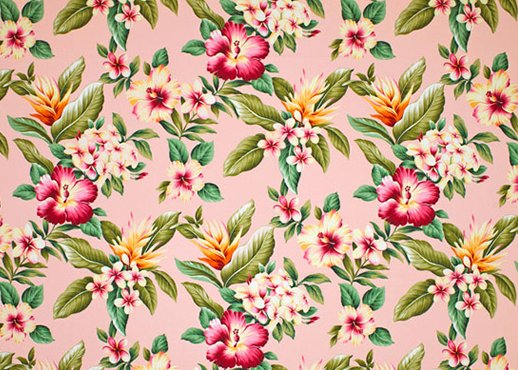 Olelo Coral - a Tropical Botanical Vintage style Hawaiian Fabric with Hibiscus, plumeria, ginger, and leaves. A floral print on a cotton upholstery barkcloth..