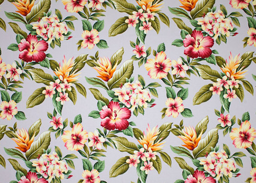 Olelo Lavender - a Tropical Botanical Vintage style Hawaiian Fabric with Hibiscus, plumeria, ginger, and leaves. A floral print on a cotton upholstery barkcloth..