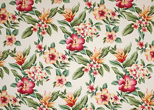 Hiwahiwa Natural Tropical Botanical Vintage Hawaiian Fabric -  hibiscus, plumeria (frangipani), torch ginger and leaves on a cotton fabric.