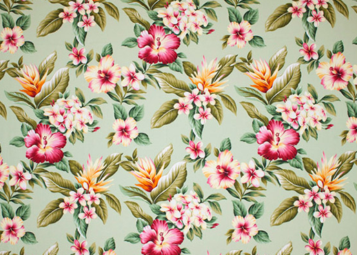 Olelo Sage - a Tropical Botanical Vintage style Hawaiian Fabric with Hibiscus, plumeria, ginger, and leaves. A floral print on a cotton upholstery barkcloth..