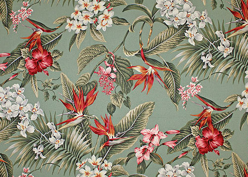 70pali Tropical Botanical Vintage Hawaiian Fabric Hibiscus, plumeria, bird of paradise & Orchid flowers
 		cotton non-upholstery or upholstery barkcloth fabric.