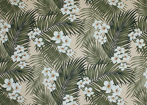 Plumeria Palm Tropical Botanical Vintage Hawaiian Fabric Hawaiian plumeria flowers, barkcloth fabric.
