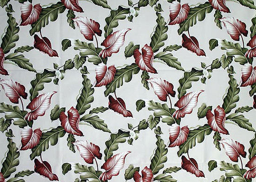 Princeville Tropical Hawaiian Leafy Pattern on a bark crepe textured bark cloth fabric.
