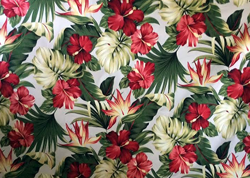 Puahi Mauve - a Tropical Botanical Vintage style Hawaiian Fabric with Hibiscus and Bird of Paradise flowers. A floral print on a cotton upholstery barkcloth..