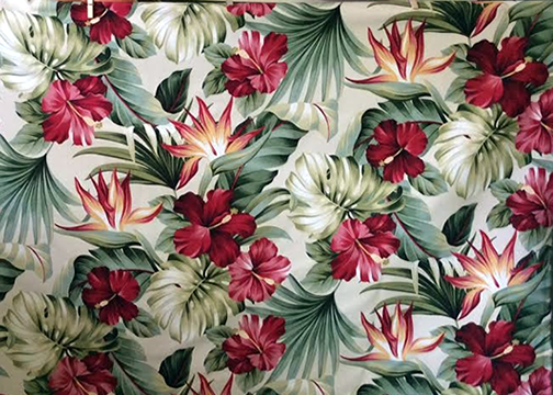Puahi Natural - a Tropical Botanical Vintage style Hawaiian Fabric with Hibiscus and Bird of Paradise flowers. A floral print on a cotton upholstery barkcloth..
