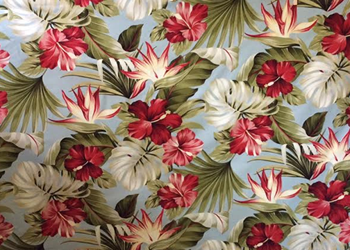 Puahi Slate - a Tropical Botanical Vintage style Hawaiian Fabric with Hibiscus and Bird of Paradise flowers. A floral print on a cotton upholstery barkcloth..