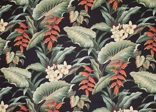 Waipahe'e Black Tropical Hawaiian heliconia & plumeria flowers, cotton nubby bark cloth upholstery fabric.