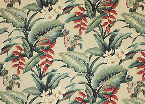 Waipahe'e Natural Tropical Hawaiian heliconia & plumeria flowers, cotton nubby bark cloth upholstery fabric.
