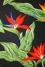 Hana Lima - Barkcloth Hawaii Fabrics - Vintage Style Hawaiian Botanical fabric with Bird of Paradise flowers and monstera
 		leaves on a cotton poplin apparel fabric.