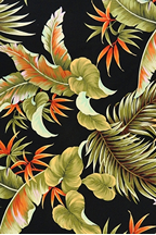 10naku -  A botanical print of tropical leaves, on a black cotton apparel weight fabric.