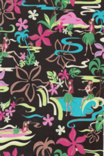 10ohelo Abstract, Sixties hula girl, Plumeria flowers on cotton broadcloth apparel fabric