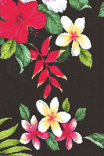 10oloolo Tropical Hawaiian heliconia, hibiscus and plumeria flowers on an apparel.