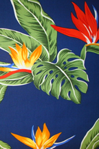 Hana Lima - Barkcloth Hawaii Fabrics - Vintage Style Hawaiian Botanical fabric with Bird of Paradise flowers and monstera
 		leaves on a cotton poplin apparel fabric.