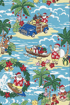 20kanakaloka All-Over. Christmas, Holiday fabric. Sanata Claus, surfboards, palm trees, woodies.