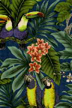 20mamo Birds - Parrots and Macaws with orchid flowers, navy cotton apparel fabric.
