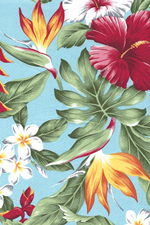 20noke Tropical design, clustered bird of paradise, plumeria (frangipani), heliconia, hibiscus and leaves, all over design