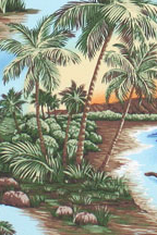 20puluwai  - scenic islands with views of Diamond Head, woody cars, hula girl playing an ukulele, palm trees, waterfalls, ferns, and a canoe.