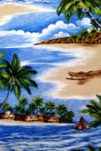 20Uakea - Barkcloth Hawaii Fabrics - Vintage Style Hawaiian Fabrics. Tropical Hawaiian scenic print ona cotton poplin apparel fabric..