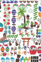 30nakeke Barkcloth Hawaii Fabrics - Vintage Style Hawaiian Fabrics Hula 
		Girls and other fun characters on cotton poplin apparel fabric.