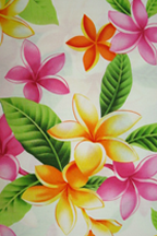 60'onini - Barkcloth Hawaii Fabrics - Vintage Style Hawaiian Botanical Fabric a tropical plumeria flowers on a cotton apparel fabric.