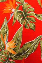 Hana Lima - Barkcloth Hawaii Fabrics - Vintage Style Hawaiian Botanical fabric with Bird of Paradise flowers and naholo
 		leaves on a cotton poplin apparel fabric.