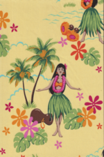 50pa 'a 'aina, Sixties hula girl, Plumeria flowers on cotton poplin apparel fabric