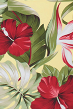50puahi Tropical Hawaiian Bird Of Paradise and Hibiscus Flowers on apparel weight cotton fabric.