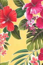 50ukuhi  44/45 Wide, All-Over. Stylized, multi-colored hibiscus, plumeria, orchids and ferns.