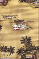 50wala Diamond Head, airplanes, ships, fruit stand apparel cotton, tropical  - tropical vintage style, Hawaiian botanical flower fabric.