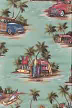 70halawa Hawaiian Fabrics - Parrots, surfboard shop & palm trees on broadcloth apparel fabric.