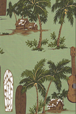 70islandlife palm trees, surfboards, ukuleles, on cotton broadcloth apparel fabric.